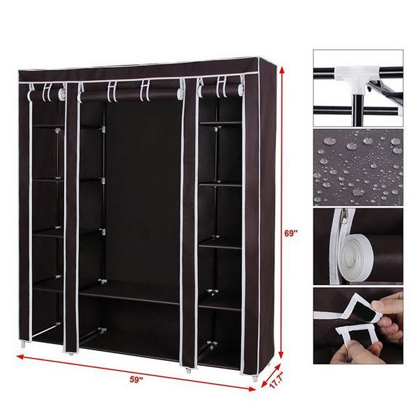 Shopi Vella multi compartment fabric wardrobe in brown with multiple shelves and hanging sections for clothing storage