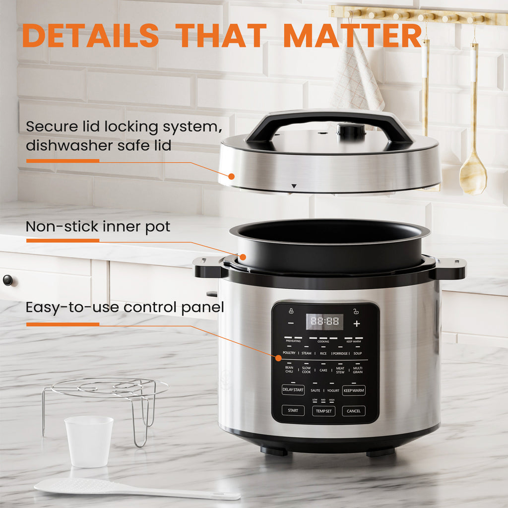 Shopi Vella multi function electric pressure cooker with secure lid locking dishwasher safe lid and easy control panel