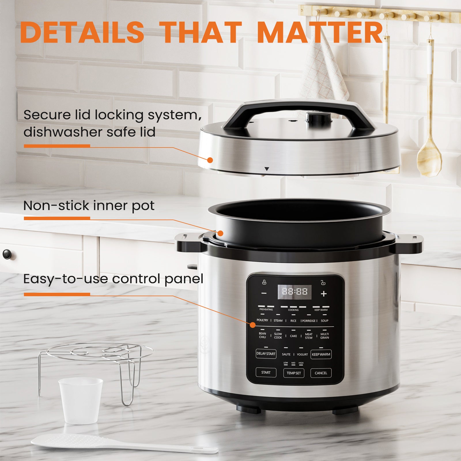 Shopi Vella multi function electric pressure cooker with secure lid locking dishwasher safe lid and easy control panel