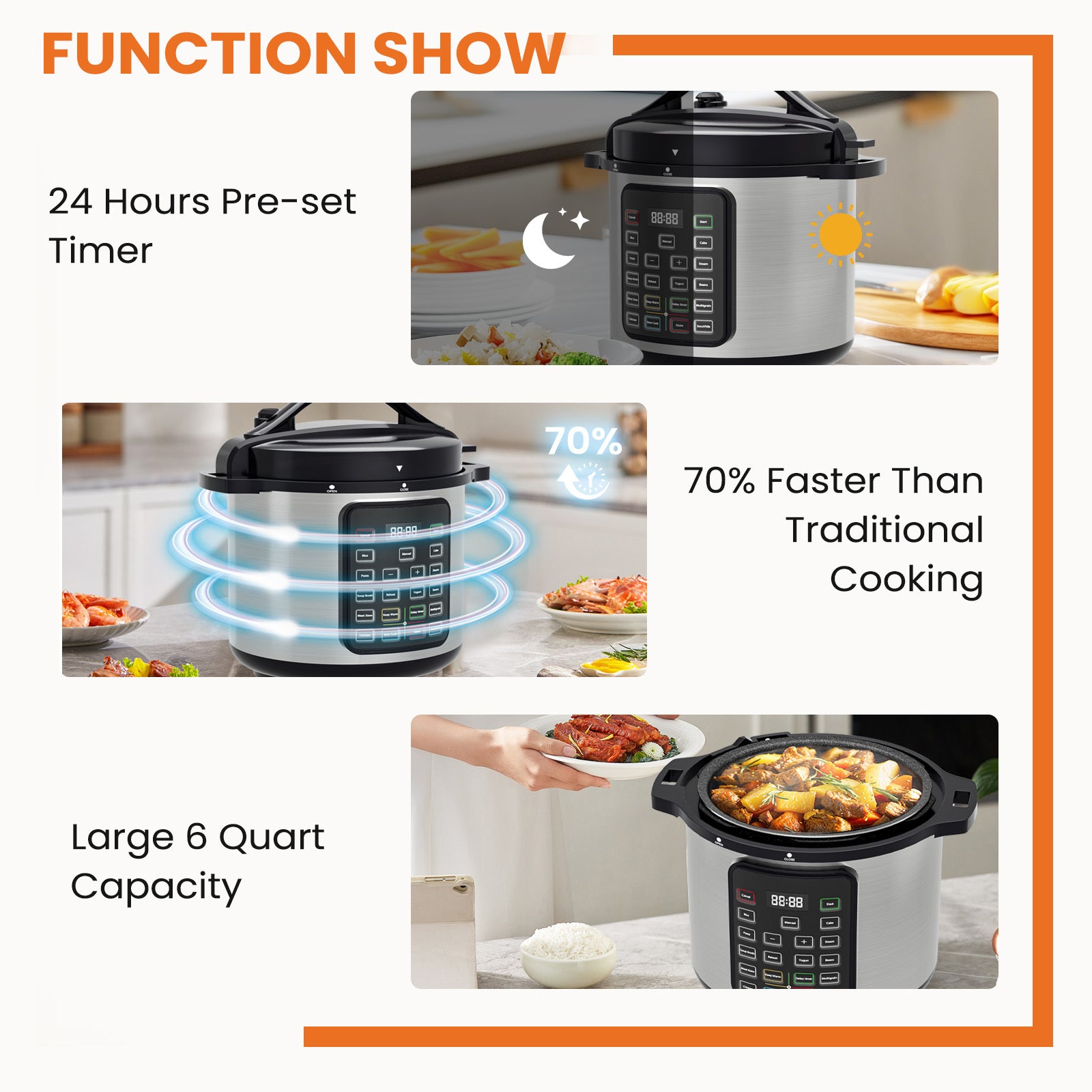 Shopi Vella multi function electric pressure cooker with 6 quart capacity and 24 hour preset timer