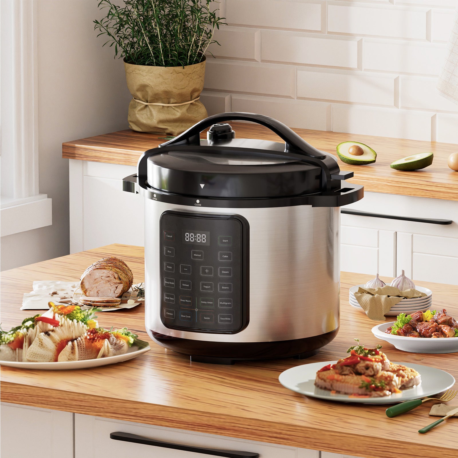 Shopi Vella multi function electric pressure cooker in stainless steel on kitchen countertop with prepared meals