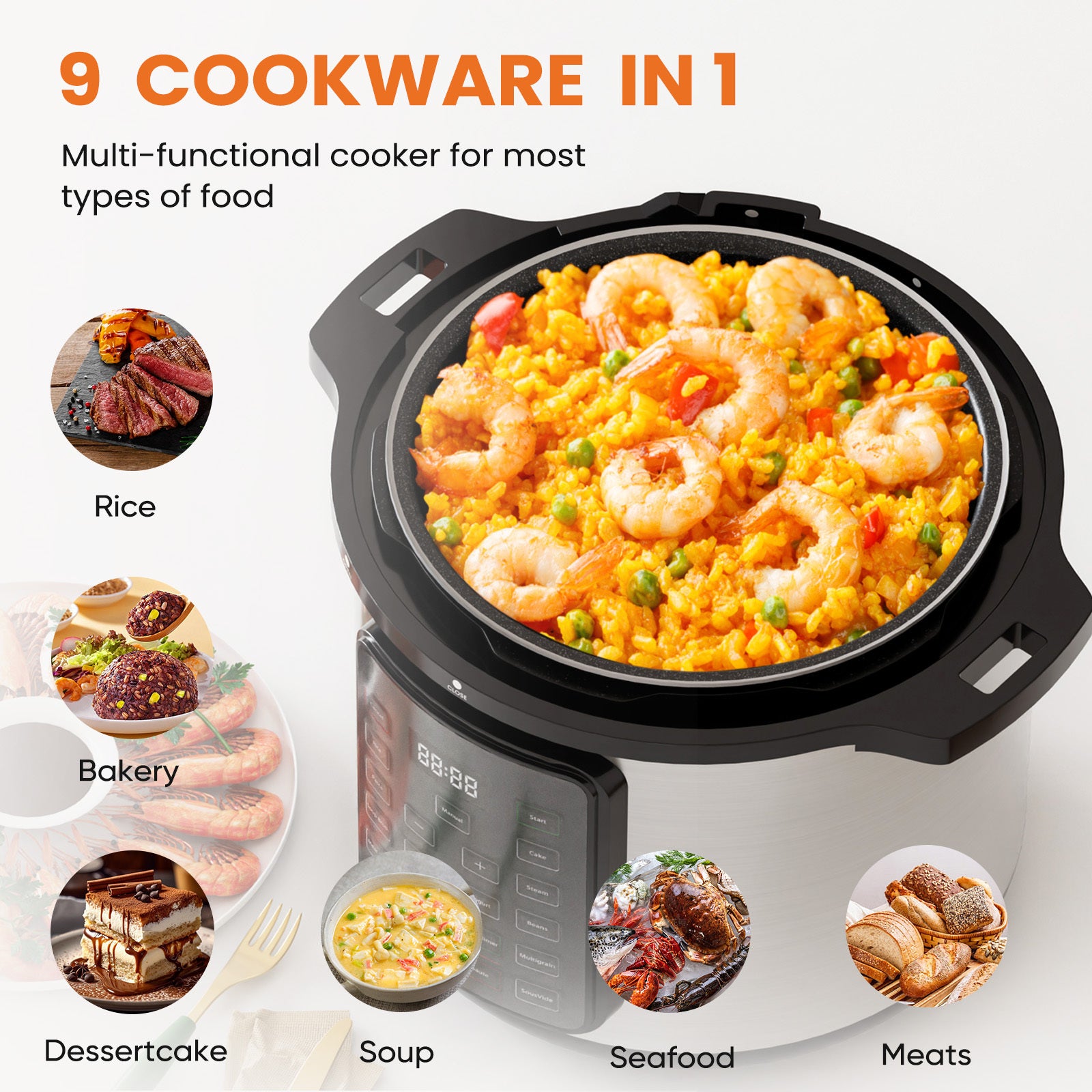 Shopi Vella multi function electric pressure cooker preparing shrimp fried rice with 9 cookware-in-1 functionality