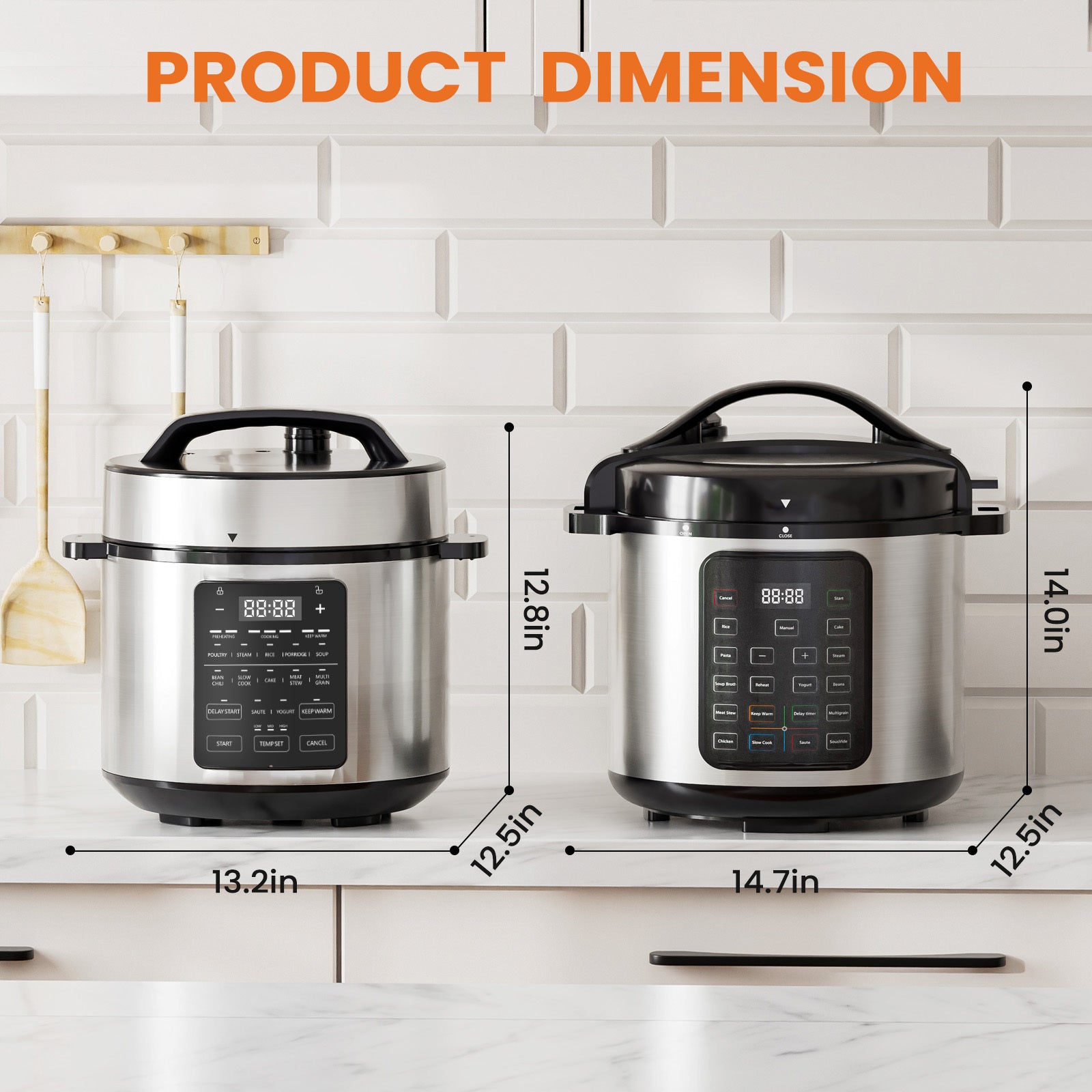 Shopi Vella multi function electric pressure cooker showing front and side views with dimensions on kitchen counter
