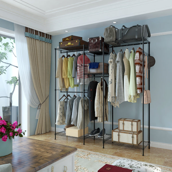 Shopi Vella multi-layer closet storage solution metal rack with hanging clothes and storage boxes