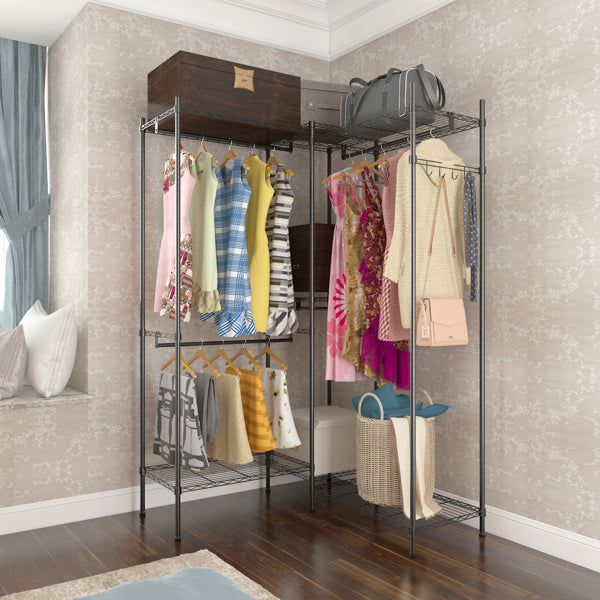 Shopi Vella multi-layer closet storage solution with hanging clothes and bags in a bedroom corner