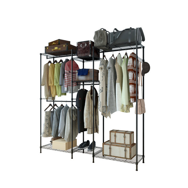 Shopi Vella multi-layer closet storage solution with shelves and hanging rods holding clothes and bags