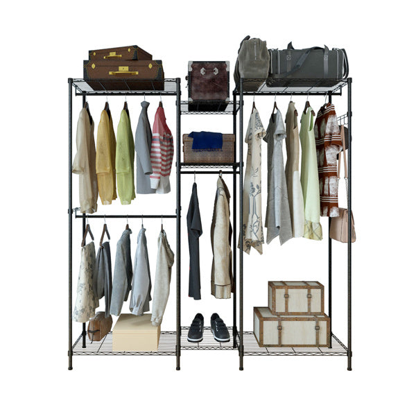Shopi Vella multi-layer closet storage solution with hanging clothes, shelves, and storage boxes