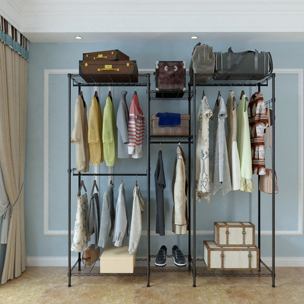 Shopi Vella multi-layer closet storage solution with clothes hanging and luggage on black metal frame