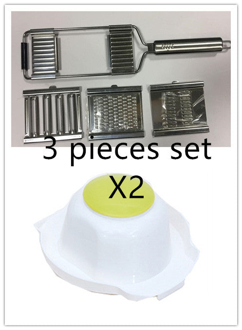 Shopi Vella multi-purpose grater and peeler set with three stainless steel blades and white yellow container