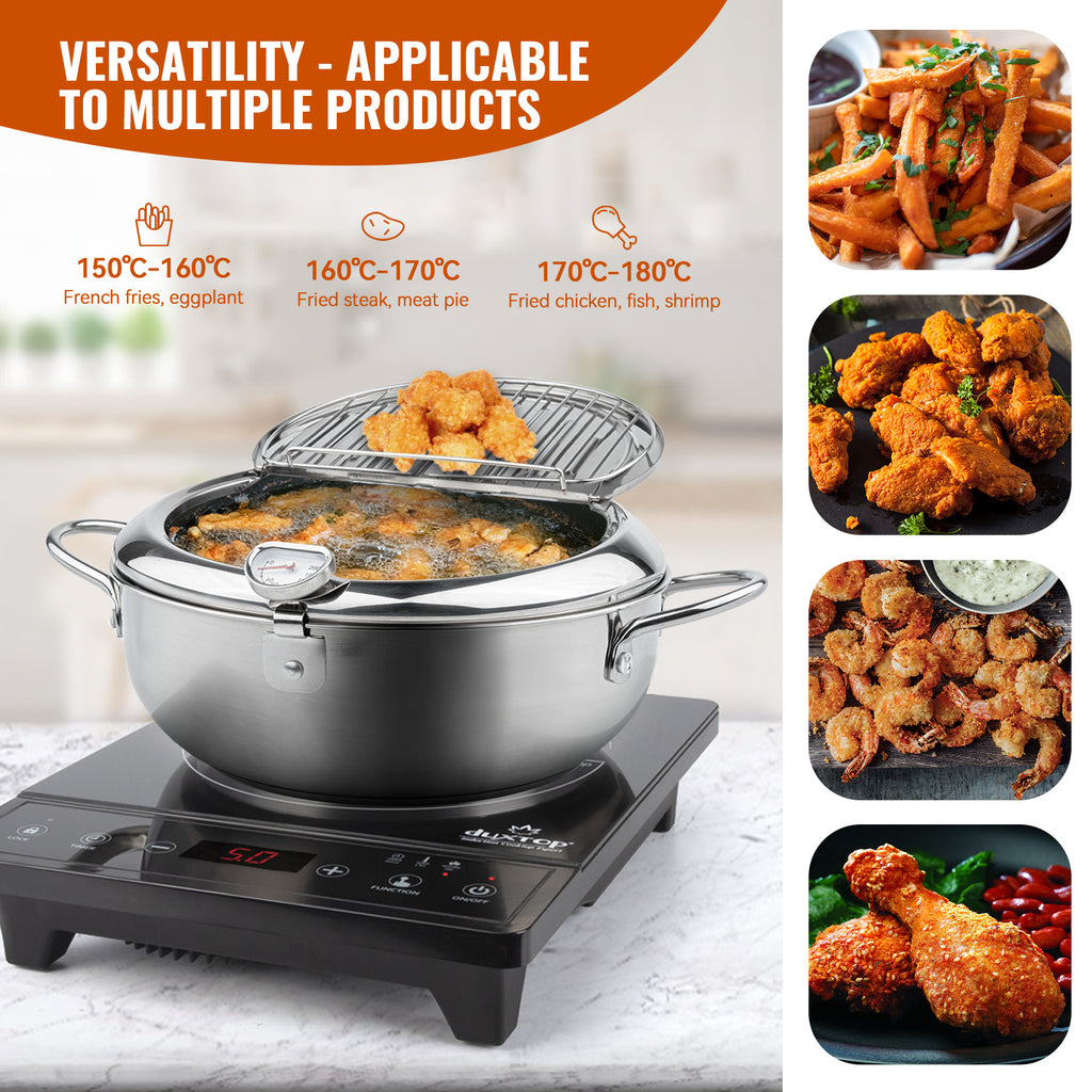 Shopi Vella multi-purpose kitchen storage pot frying various foods including chicken, shrimp, and fries on an induction cooktop