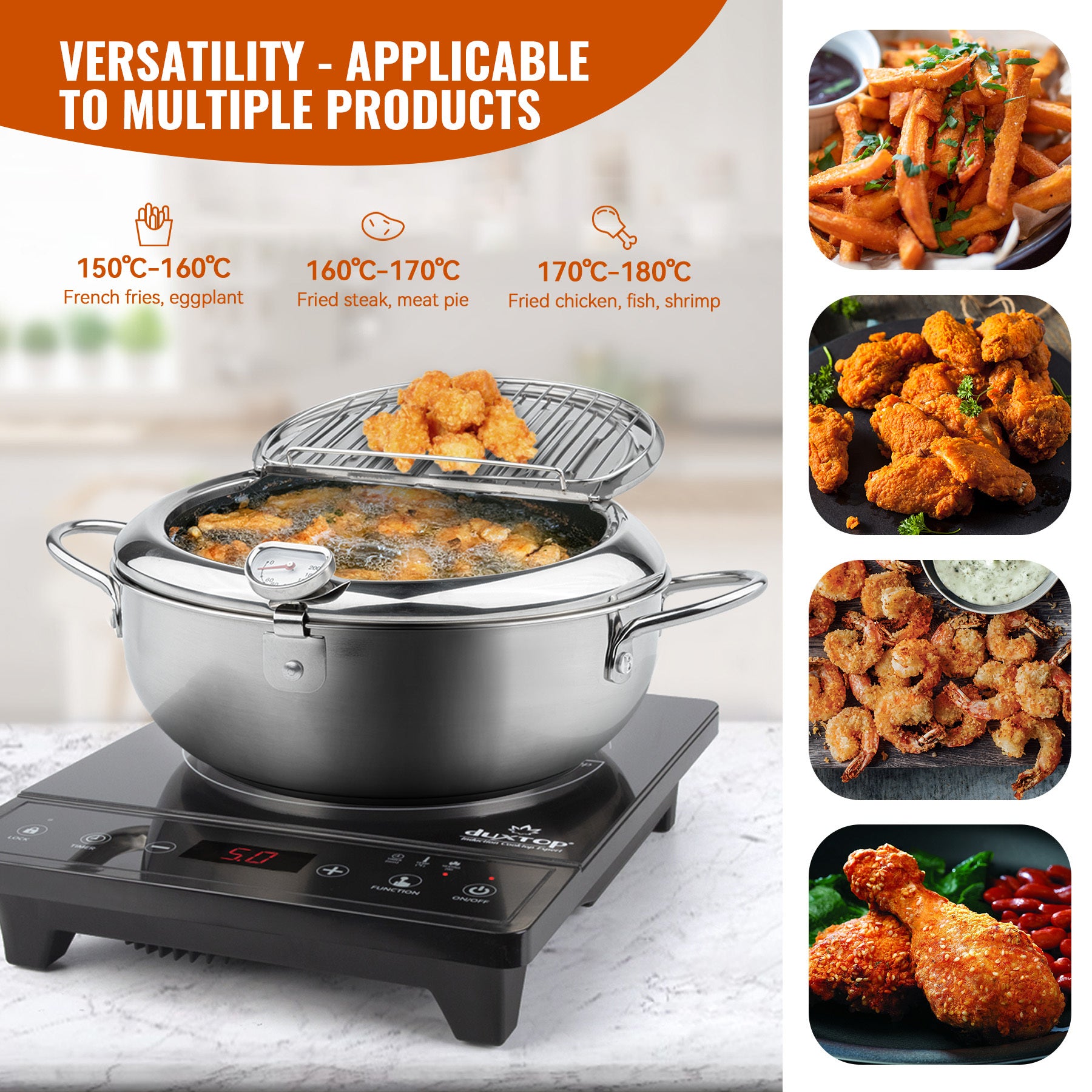 Shopi Vella multi-purpose kitchen storage pot frying various foods including chicken, shrimp, and fries on an induction cooktop