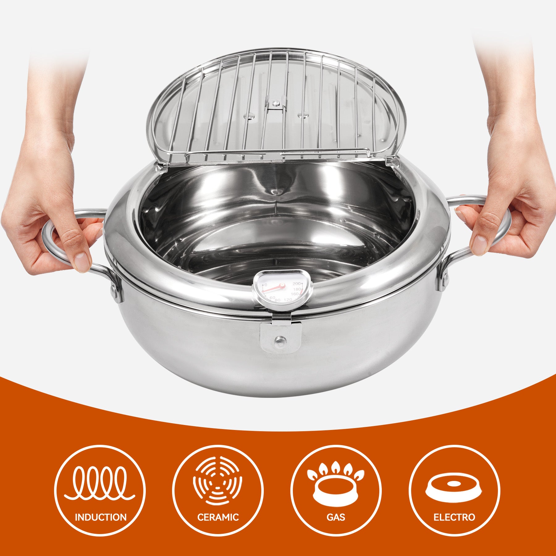 Shopi Vella multi-purpose kitchen storage pot in stainless steel with handles and a lid rack