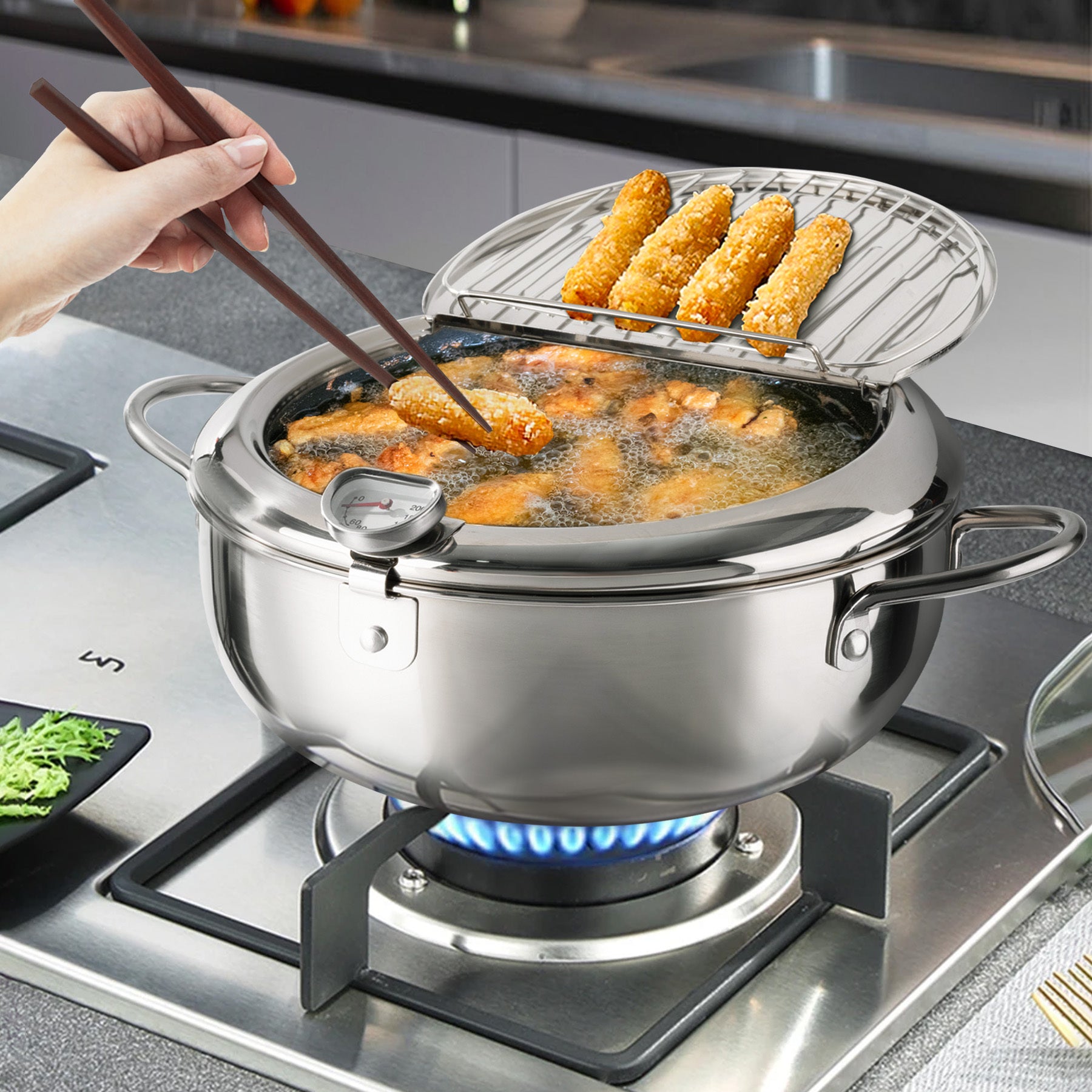 Shopi Vella multi-purpose kitchen storage pot stainless steel deep fryer with lid and thermometer on stove