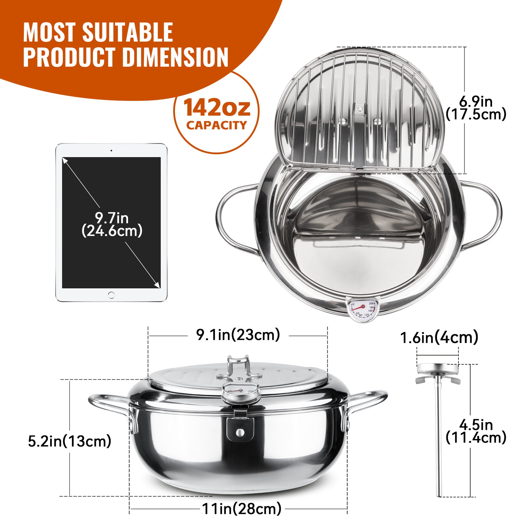 Shopi Vella multi-purpose kitchen storage pot made of stainless steel with 142oz capacity and detailed dimensions