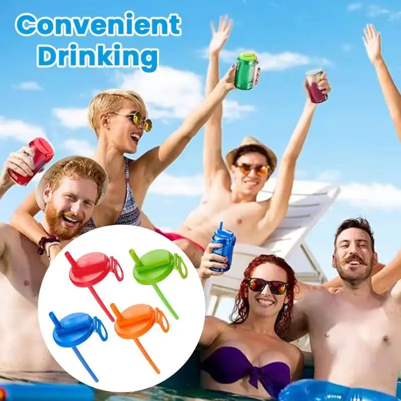 Group of friends enjoying drinks by pool with colorful reusable soda can lid with straw in red, green, blue, and orange