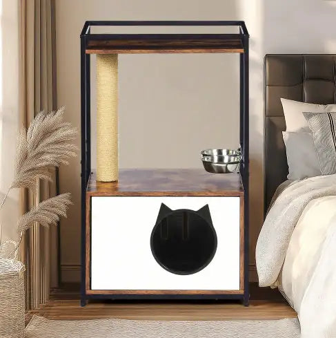 Multifunctional cat furniture with scratching post, feeding bowl, and cozy enclosed space in modern bedroom