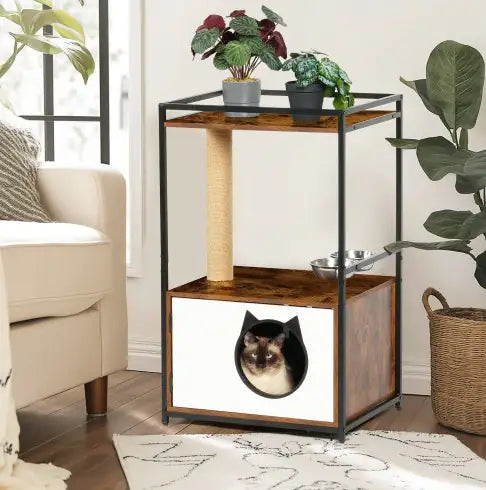 Multifunctional cat furniture with scratching post, cat house, and elevated feeding bowls in modern living room