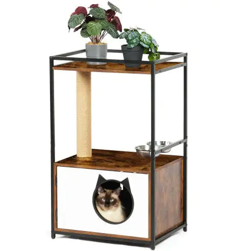 Multifunctional cat furniture with scratching post, cozy cat house, feeding bowls, and wooden shelves
