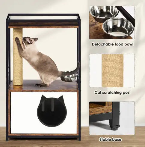 Multifunctional cat furniture with cat scratching post, detachable food bowls, and stable base in black and wood finish