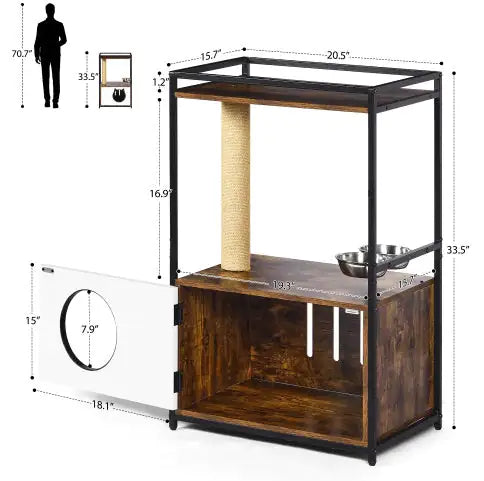 Multifunctional cat furniture with scratching post, enclosed wooden cabin, and elevated feeding bowls
