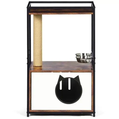Multifunctional cat furniture with scratching post, feeding bowl, and cozy hideout space