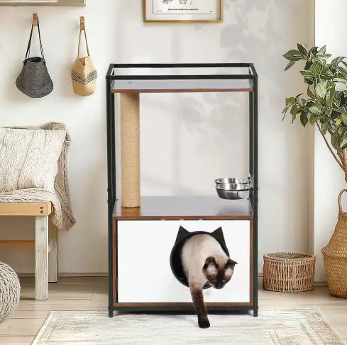 Modern multifunctional cat furniture with scratching post, feeding bowl, and cozy cat house in living room