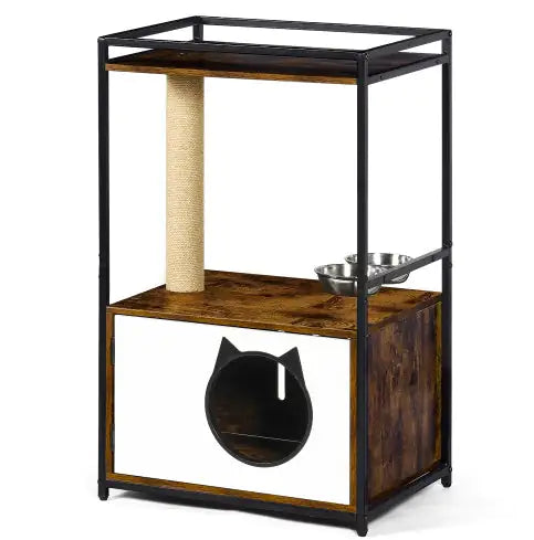 Multifunctional cat furniture with scratching post, wooden cubbyhole, and metal feeding bowls