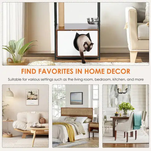 Multifunctional cat furniture with cat-shaped entrance and modern home decor setup