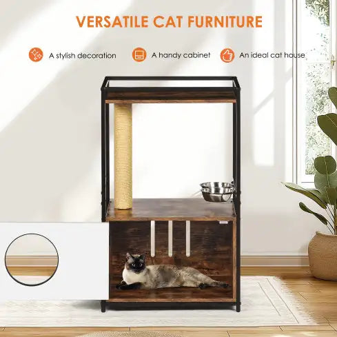 Multifunctional cat furniture with scratching post, cabinet, and cozy space for cats in a living room
