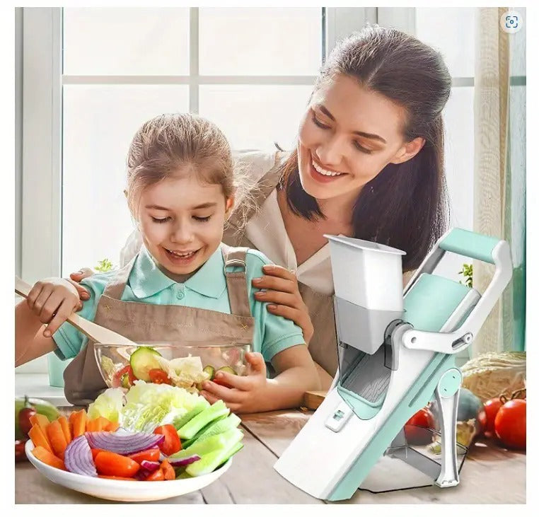 Shopi Vella multifunctional mushroom vegetable slicer with a woman and child preparing fresh salad in kitchen