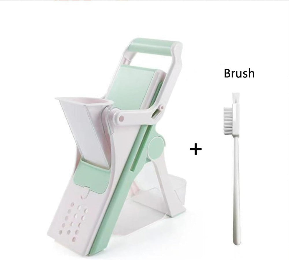 Shopi Vella multifunctional mushroom vegetable slicer in white and green with cleaning brush included