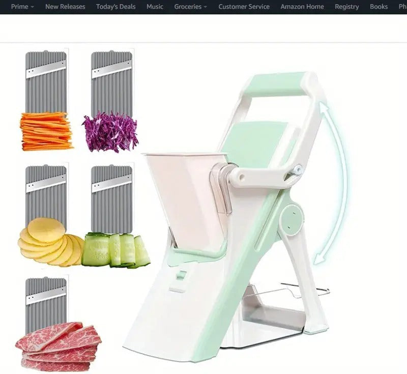 Shopi Vella multifunctional mushroom vegetable slicer in white and green with interchangeable blades for slicing vegetables and meats
