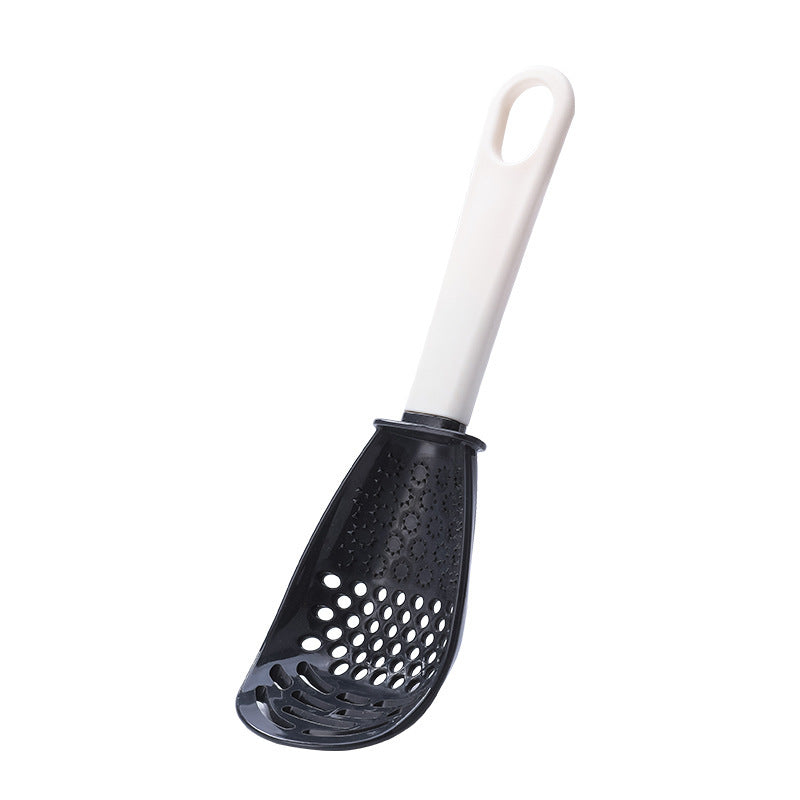 Shopi Vella multifunctional slotted cooking spoon with black scoop and white handle for kitchen storage