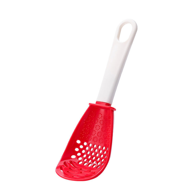 Shopi Vella multifunctional slotted cooking spoon with red scooping head and white handle for kitchen storage