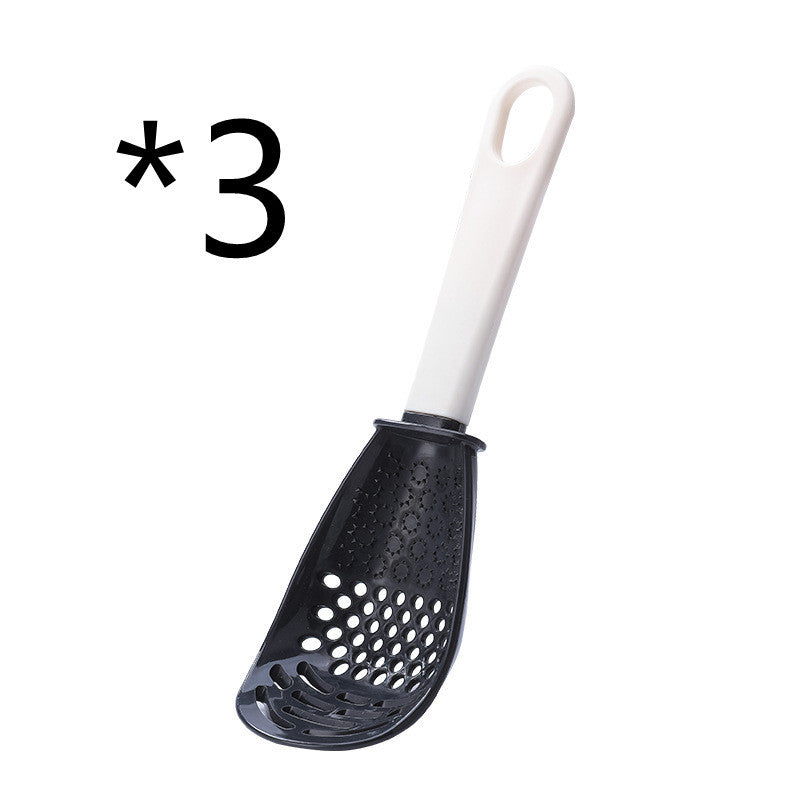 Shopi Vella multifunctional slotted cooking spoon with white handle and black perforated scoop