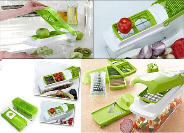 Shopi Vella multifunctional vegetable chopper with green and white parts chopping various vegetables