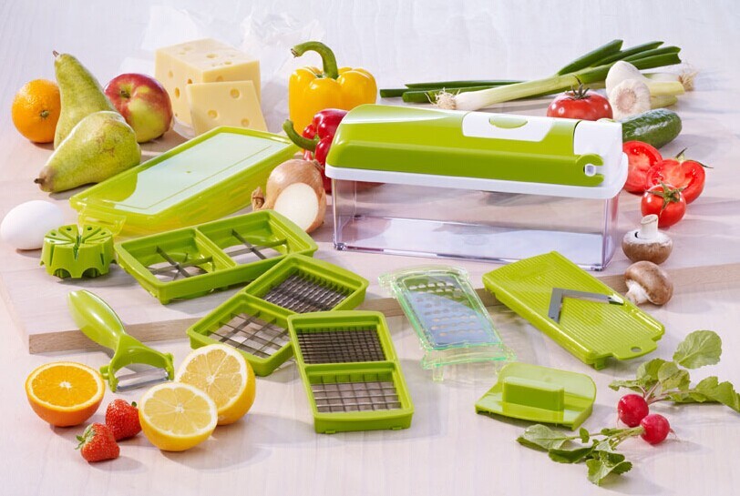 Shopi Vella multifunctional vegetable chopper with multiple green blades and containers for kitchen storage
