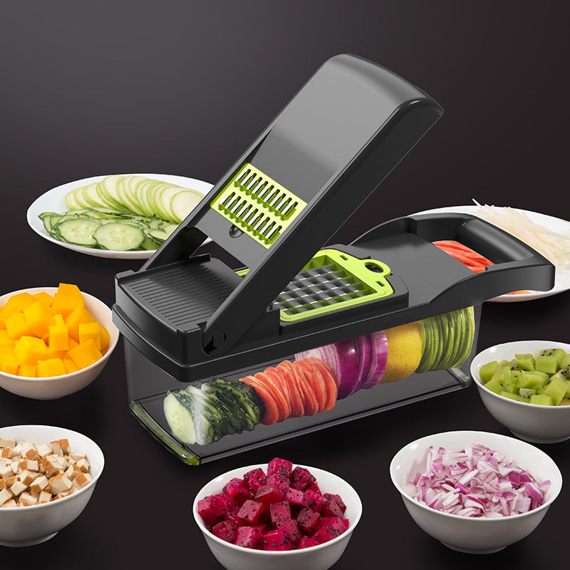 Shopi Vella multifunctional vegetable cutter for kitchen with black handle and assorted sliced vegetables