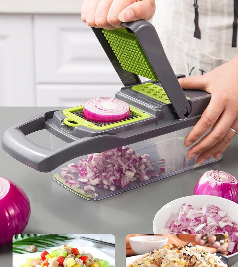 Shopi Vella multifunctional vegetable cutter for kitchen slicing onions into a clear container