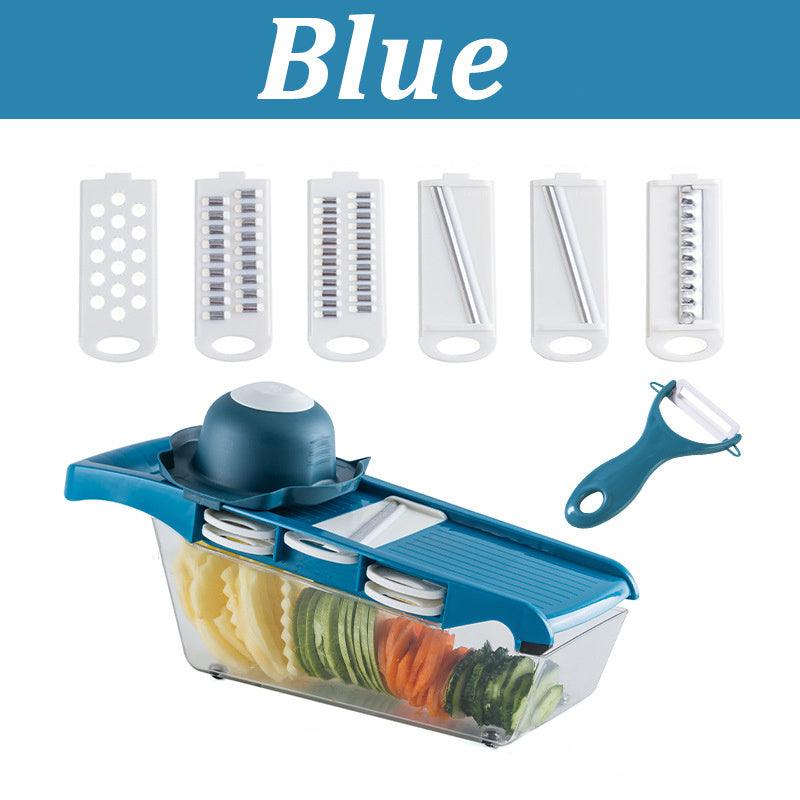 Shopi Vella multifunctional vegetable cutter for kitchen with blue slicer, six interchangeable blades, and vegetable peeler