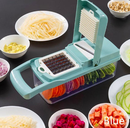 Shopi Vella multifunctional vegetable cutter for kitchen with blue handle and clear container for sliced vegetables