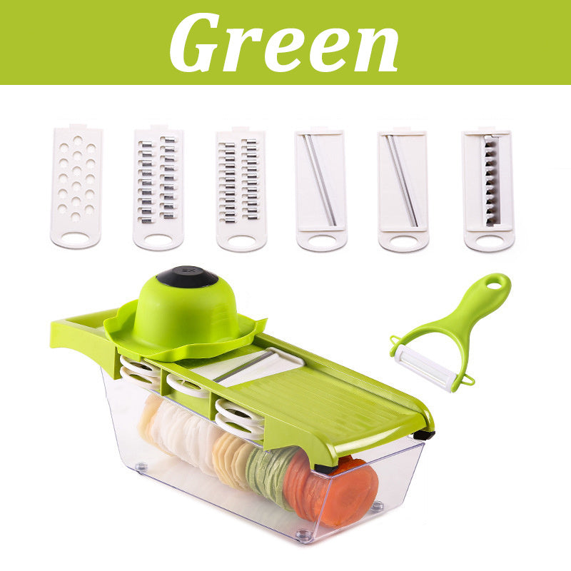 Shopi Vella multifunctional vegetable cutter for kitchen with green slicer, multiple blades, and a peeler for versatile food preparation