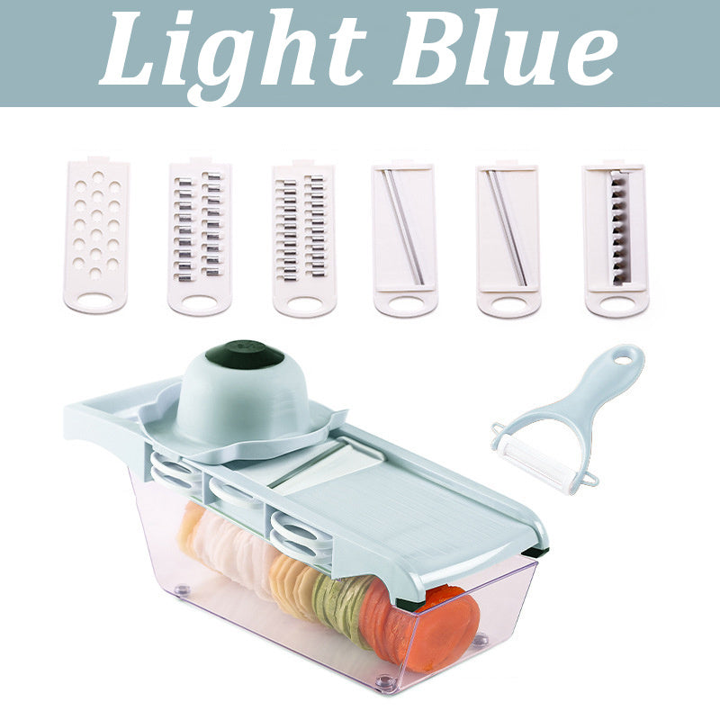 Shopi Vella multifunctional vegetable cutter for kitchen with light blue base and multiple interchangeable blades