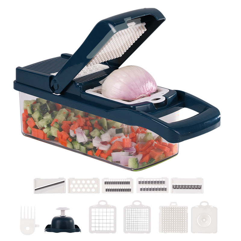 Shopi Vella multifunctional vegetable cutter for kitchen with multiple blades and chopped vegetables in container