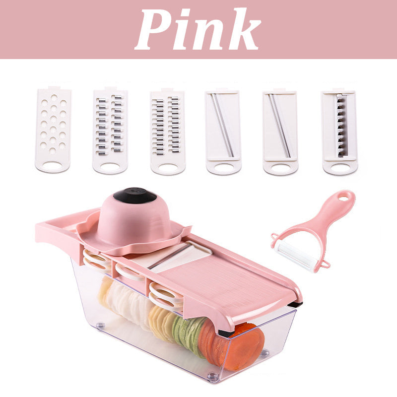 Shopi Vella pink multifunctional vegetable cutter for kitchen with multiple blade attachments and a peeler