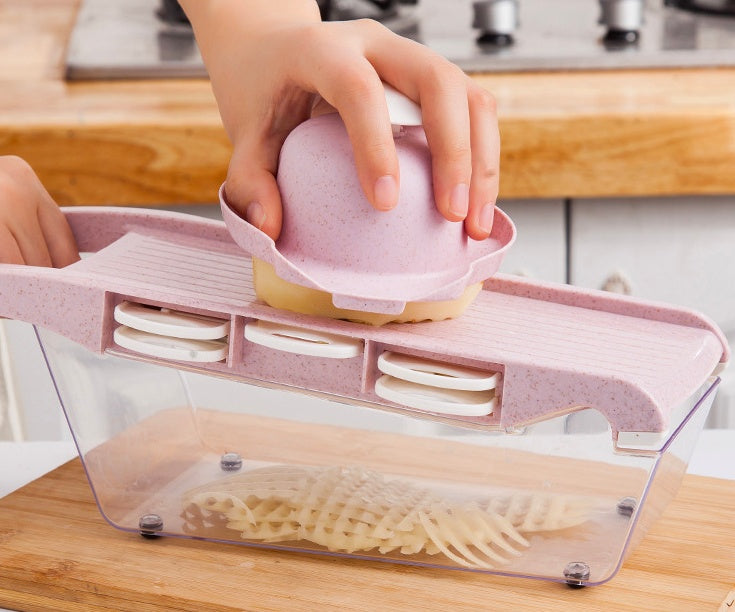 Shopi Vella multifunctional vegetable cutter for kitchen with purple hand-held slicer and clear storage container