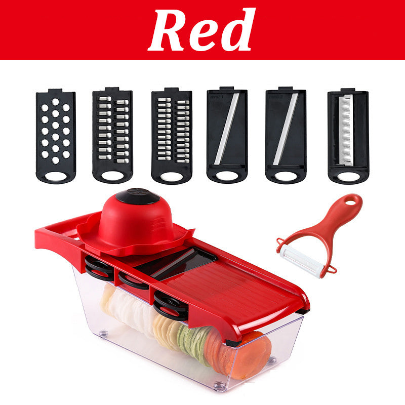 Shopi Vella red multifunctional vegetable cutter for kitchen with interchangeable blades and clear storage container