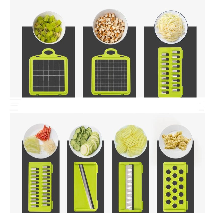 Shopi Vella multifunctional vegetable cutter for kitchen with various blades and sliced vegetables in white bowls