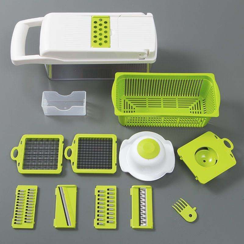 Shopi Vella multifunctional vegetable cutter for kitchen with multiple green and white interchangeable blades and accessories
