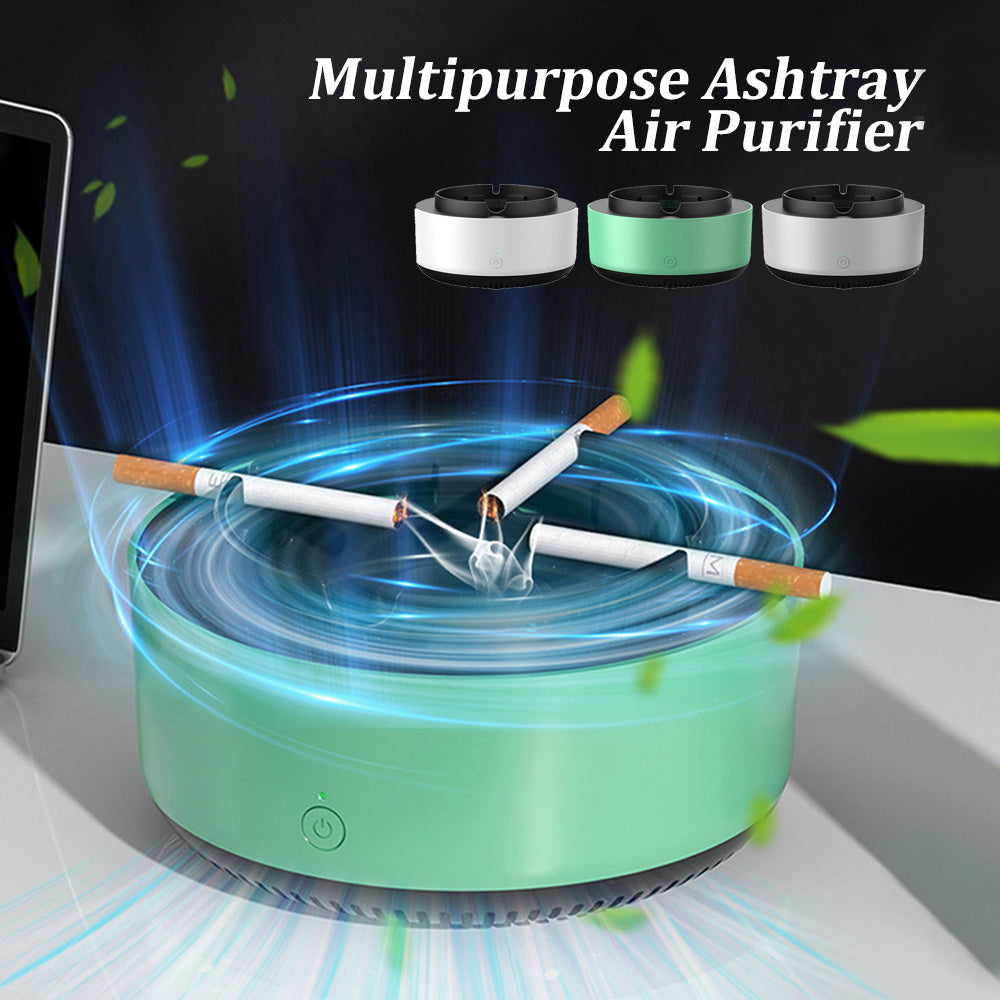 Shopi Vella multipurpose smoke removal air purifier ashtray in green with cigarettes and blue airflow effect